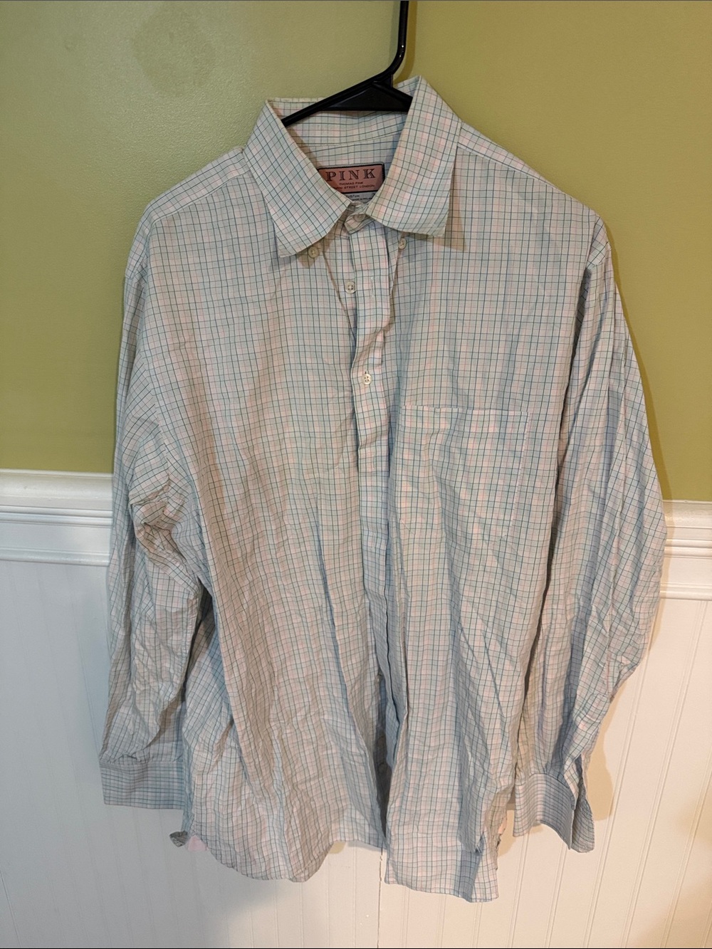 Men's Size 16 Thomas Pink Light Blue and White Plaid Button-Up Shirt